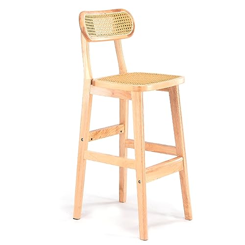 NESLIN Solid Wood Bar Chairs with Back, Nordic Rattan Woven