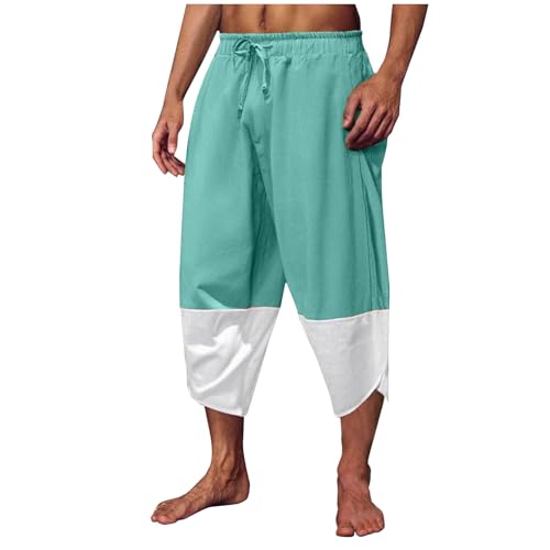 Cambkatl Men's Color Block Linen Harem Capri Pants Lightweight Loose Drawstring Elastic Waist Casual Beach Boho Yoga Trousers