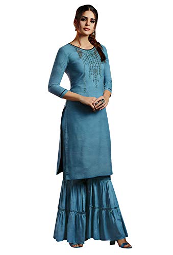 ladyline Plain Rayon Embroidered Womens Kurti Set with Sharara Pants Indian Tunic Kurta Dress (Size-38/ Gray)