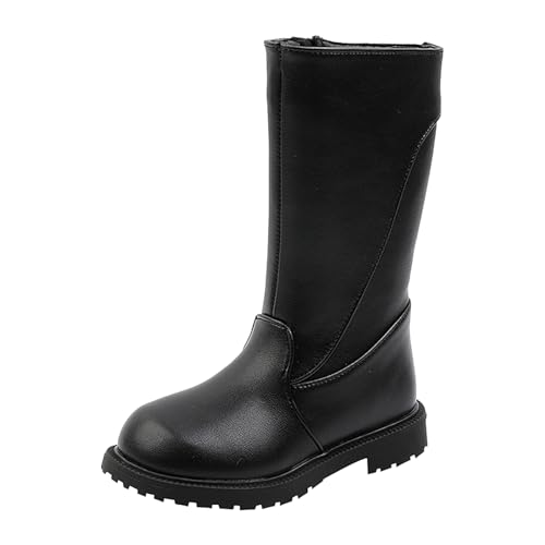 Winter Girls Mid Calf Boots with Side Zipper Fashion Waterproof PU Leather Combat Booties Plush Warm Lug Sole Low Heel Comfortable Thick Soles Non Slip Shoes 4-12 Years (13.5 Little Child)
