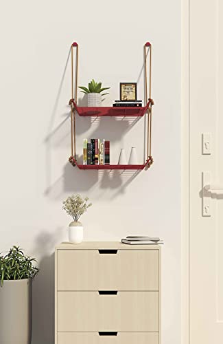 Image of Meshable Weebill 2-Tier Wall Hanging Metal Wall Shelf with Jute Rope, Home Decor Wall Shelves and Storage Racks with Elegant Design Ideal for for Balcony and Terrace, Standard Size - Red