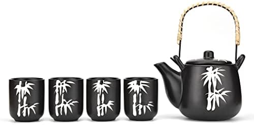 Mose Cafolo Japanese Tea Set Black with White Bamboo Ceramic Tetsubin Teapot & 4 Teacups, Stainless Steel Infuser, Rattan Handle included in Gift Box