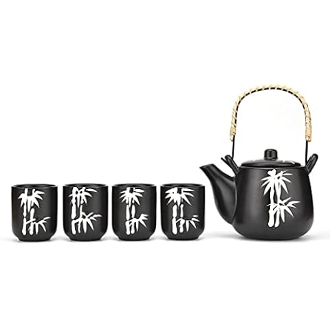 Mose Cafolo Japanese Tea Set Black with White Bamboo Ceramic Tetsubin Teapot & 4 Teacups Cover