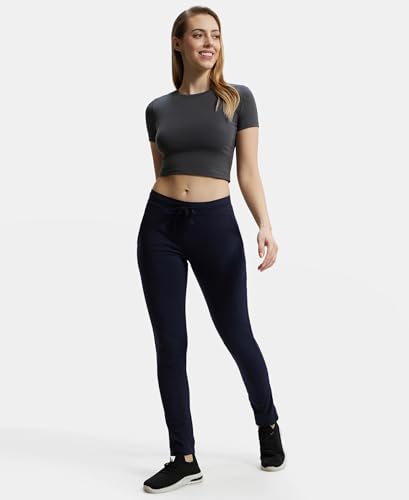 Image of Jockey 1301 Women's Super Combed Cotton Elastane Stretch Slim Fit Trackpants with Side Pockets Navy Blazer XL