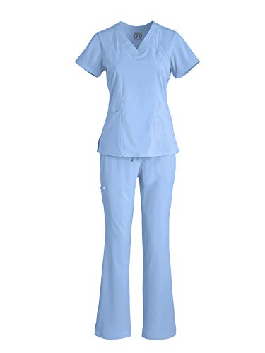 Barco One 5105-5206 Women's V-Neck Top - Midrise Cargo Pant Medical Scrub Set Ciel Blue Xl-Xl #TOP6