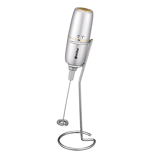 Milchaufschäumer Stab, Handheld Electric Milk Frother, Manual Mixer, Battery-Operated Milk Frother with Stainless Steel Stand, for Coffee, Latte, Cappuccino, Hot and Cold Chocolate, Silber Cover