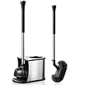 HAMITOR Toilet Plunger and Brush Set: 2 in 1 Stainless Steel Rustproof Combo with Deep Cleaning Curved Bristles - Heavy Duty Toilet Unclogging for Family Bathroom - Compact Apartment Accessories
