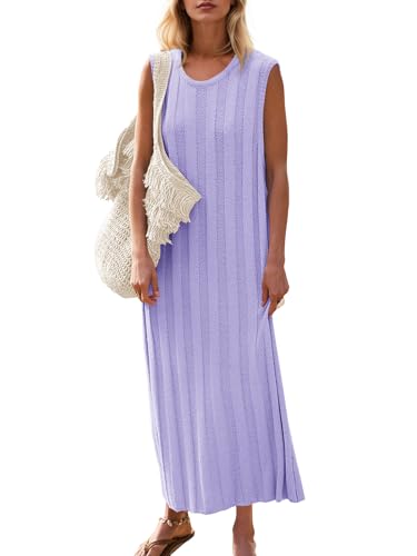 Fisoew, Vestido largo de verano sin mangas para mujer, cuello redondo, de punto acanalado, Púrpura, M