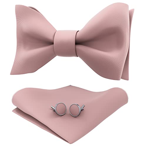 Adam Young Mens Rose Pastel Self Tie Bow Tie with Pocket Square & Cufflinks Formal Satin Classy Bowtie for Tuxedo Faux Silk (Classic Blush Pink)