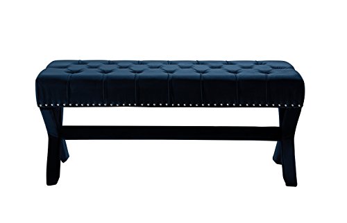 Iconic Home Neil Velvet Modern Contemporary Button Tufted With Silver Nailheads Seating, Frame And Legs X-Leg Tufted Bench, Navy #TOP1