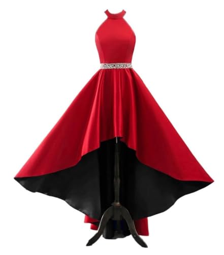 High Low Satin Prom Dresses Long Ball Gown Halter Asymmetric Formal Dress for Teens Beaded Aline Glitter Evening Party Maxi Gowns Red/Black-8