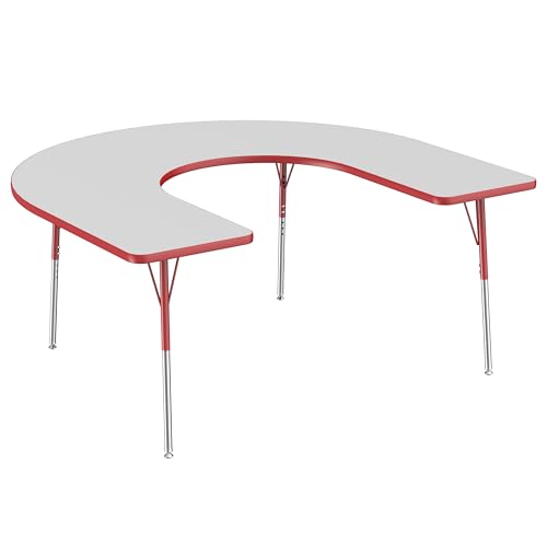 Image of FDP Horseshoe Activity School and Office Table (60 x 66 inch), Standard Legs with Swivel Glides for Collaborative Seating Environments, Adjustable Height 19-30 inches - Gray Top and Red Edge