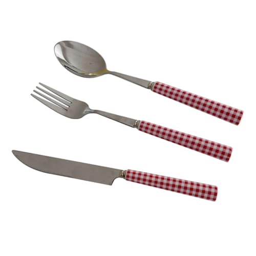 POPETPOP Cubiertos Estilo Francés Con Mango Cerámico Rojo Cuadros Cuchillo Para Steak y Tenedor Ergonómicos Antideslizantes Para Uso Práctico Cocina y Mesa Diaria