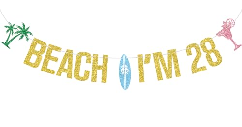 Gold Glitter Beach I'M 28 Banner, Beach Surfing Surfboard Cheers to 28 Years Decor, Summer Hawaiian Luau Tropical Themed 28th Birthday Party Decorations Supplies
