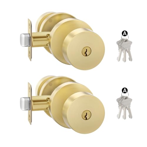 Goldenwarm Keyed Alike Entry Gold Exterior Door Knob with Key/Lock 2 Pack