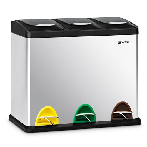 EVRE 24 Litre 3 x 8 L Compartmental Recycling Bin with Removable Inner Buckets Odour Seal and Colour Coding Waste Separation for Kitchens, Offices Indoor Food Waste Non Slip