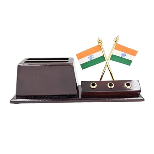 Image of WOOD HOUSE Wooden Pen Stand with Mobile Holder & 100-Year Perpetual Calendar for Office Table | Desk Organizer with New Year 2024 Calendar (Wooden Pen Stand With Indian Flag)