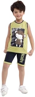 Kids Cotton Sleeveless Summer Set, Dinosaur Print Tank Top with Shorts, Yellow and Navy, Athletic Wear (turqoise, 2)