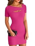 VICHYIE Summer Dress for Women Cutout Short Sleeve Casual Bodycon Slim Fitted Ribbed One Piece Sexy Mini Pencil Dresses Hot Pink M