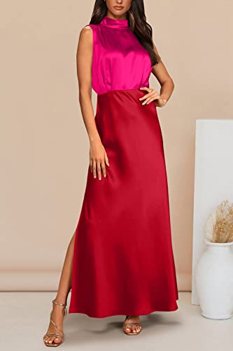 Prettygarden Women's Summer Long Formal Satin Dress Mock Neck Sleeveless Side Slit Flowy Maxi Tank Dresses (Rose Red_Red,Xx-Large) #TOP6