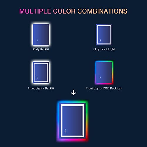 24x32 inch LED Bathroom Mirror RGB Color Changing Backlit Mirror Shatterproof Dimmable Anti-Fog Vanity Mirror with Double Lights (RGB Multicolor Backlit + Adjustable Front-Lighted)