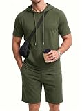 CTU Herren 2‑Teiliges Sommer Freizeitanzug Set Kapuzen‑T‑Shirt & Shorts, Atmungsaktiv Elastisch Slim Fit Freizeit‑Trainingsanzug für Sport Urlaub Alltag Olivgrün L
