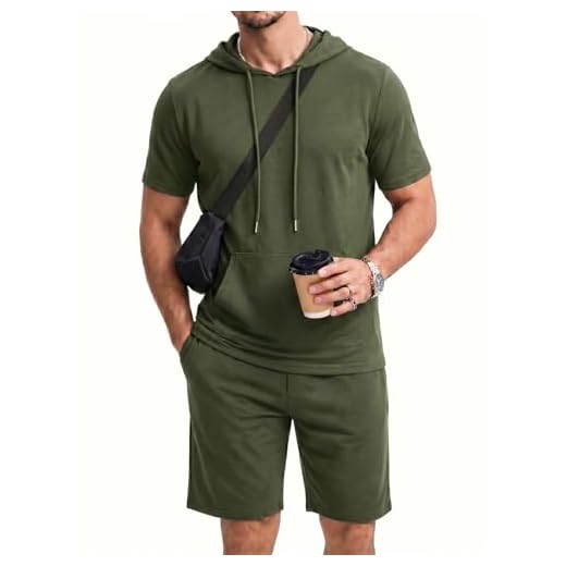 CTU Ensemble Jogging Homme Été 2 Pièces Survêtement Sport Décontracté T-Shirt à Capuche Manches Courtes et Short Vert militaire L