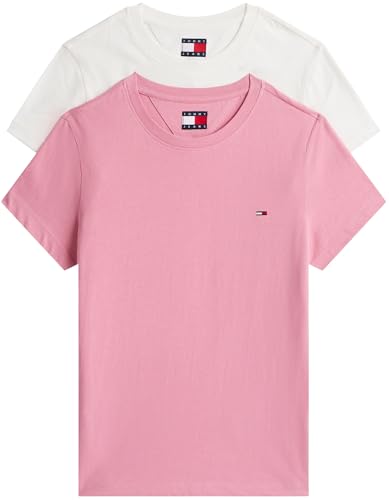 Tommy Jeans Damen 2er Pack T-Shirts Kurzarm mit Rundhalsausschnitt, Mehrfarbig (Ecru/Mystic Pink), L