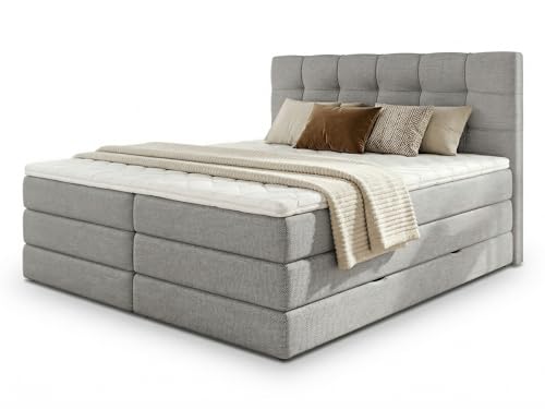 Sofnet Boxspringbett Best XL mit 2 Bettkästen und Topper, mit Taschenfederkern- und Bonellfederkernmatratze, Doppelbett, Polsterbett aus Webstoff mit Stauraum (Grau (Inari 91), 140 x 200 cm)