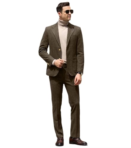 Mens Suit Slim Fit 2 Piece Classic Pinstripe Tweed Suits for Men Wedding Business Tuxedo Blazer Jacket Pants Set