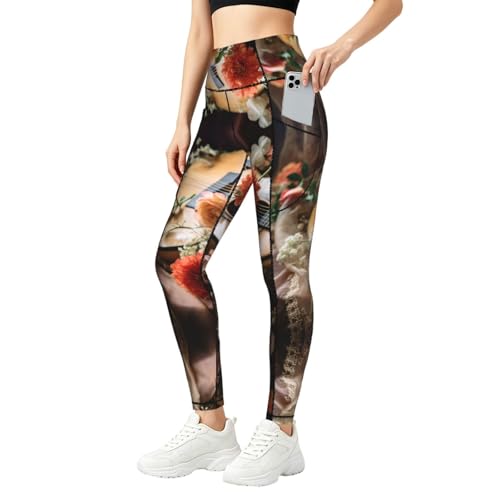 Leggings de yoga con estampado de guitarra y flores con bolsillos prácticos para mujer