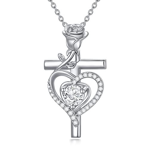 enjoylifecreative Sterling Silber Rose Herz Anhänger Halskette Geburtsstein Kreuz Halskette für Frauen Mädchen Jubiläum Geburtstag Schmuck Geschenke Ehefrau Mutter Dame Her Cover