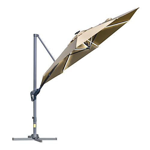 Outsunny Sunshade parasol solar octogonal LED inclinable manivela base aluminio dim. Ø 3 x 2,55H m beige