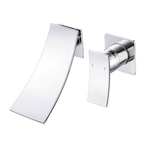 iVIGA Grifo de baño cascada: Grifo Lavadero Pared, Grifo de lavabo empotrado para montaje en pared – 2 agujeros grifo de pared con mango simple y caño grande grifo mezclador para baño(cromado)