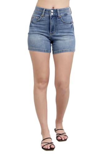 Judy Blue High Rise Tummy Control Cool Denim Shorts (US, Alpha, Large, Regular, Regular, Blue)
