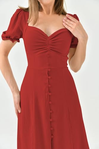Image of Shasmi Girl's & Women's Solid Midi Dress - Elegant Square Neck Button-Down Dress with Puff Short Sleeves | Stylish Casual & Party & Office Wear Outfit (Dress 105)