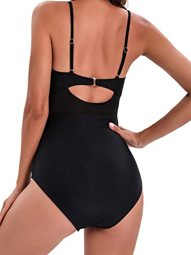 American Trends Ribbed One Piece Swimsuits For Women Mesh Cutout Bathing Suit Tummy Control Swimwear A Classic Black 14-16 #TOP3