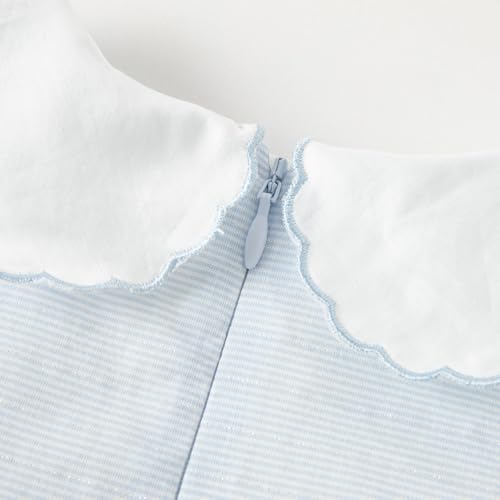 DAVE&BELLA Toddler Baby Girls Summer Dress, Short Puff Sleeve Cotton Sundress Blue Striped Flower Embroidery Prince Dresses4