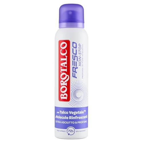 Borotalco, Deodorante Spray Fresco No Stop Fiori Acquatici, con Talco Vegetale e Molecole Rinfrescanti, Formula Fresca con Microcapsule Rinfrescanti, Efficacia Deodorante 72h, 0% Alcool, 150 ml