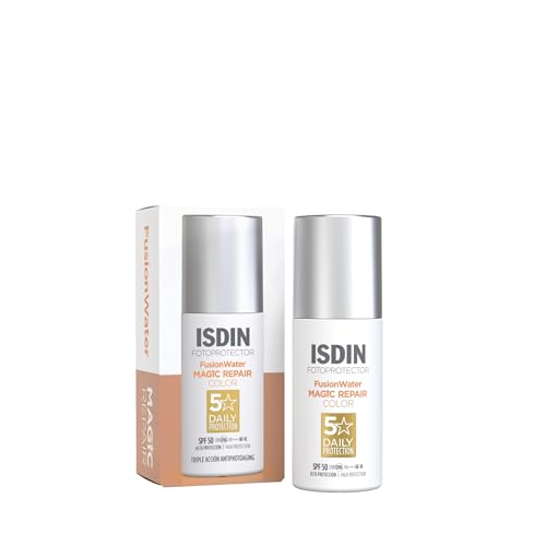 ISDIN Fusion Water MAGIC Repair Color SPF 50 - Tinted Anti-Ageing Sunscreen - Triple Action: Repairs DNA, Reduces Wrinkles & Evens Skin Tone - Natural Glow, 50ml