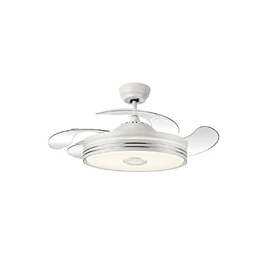 TODOLAMPARA - Ventilador de techo con luz LED 36W motor DC y Altavoz modelo MATANUSKA Blanco, 3 tonalidades con memoria, aspas retráctiles, 6 velocidades, control remoto, temporizador, silencioso