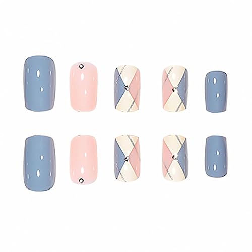 RikView Square Press on Nails Medium Fake Nails Blue Nails Pink Stick on Nails Glossy Full Cover Nails 24 PCS