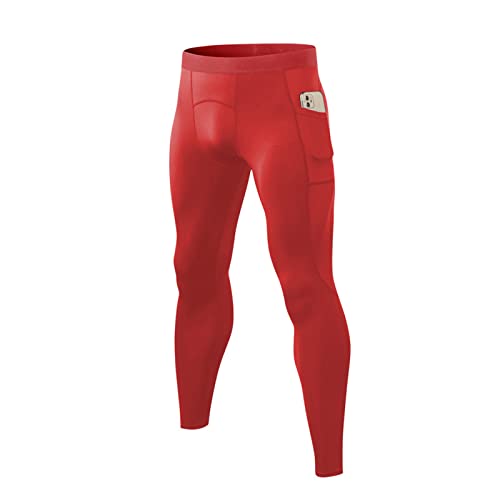 Men’s Athletic Leggings Quick Dry Cool Compression Pants With Pockets Red Active Baselayer Tights #TOP29