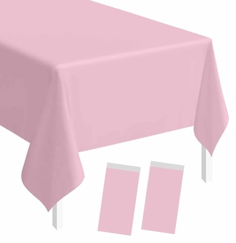 Image of SietDESEO 2 Pack Light Pink Plastic Tablecloth Rectangle 54 x 108 Premium Disposable Table Cloth Plastic Pink Table Cover for Wedding Baby Shower Party Supplies