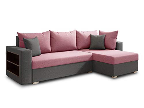 Ecksofa Lord mit praktischen Regal - Sofa mit Bettkasten und Schlaffunktion, Schlafsofa, Polsterecke, Couch L-Form, Couchgarnitur, Sofagarnitur (Grau + Pink (Alova 10 + 78), Ecksofa Rechts)