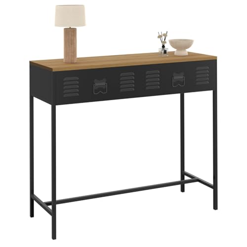 IDMarket - Console 1 tiroir Ester métal Noir Plateau Bois Design Industriel