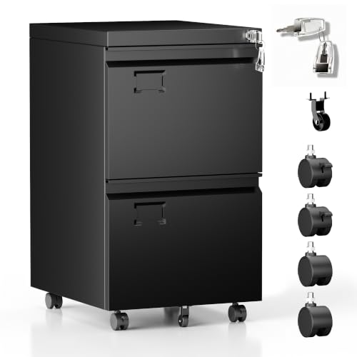 Image of Aobabo 2 Drawer Rolling Metal File Cabinet with Lock, 5 Wheels, Black