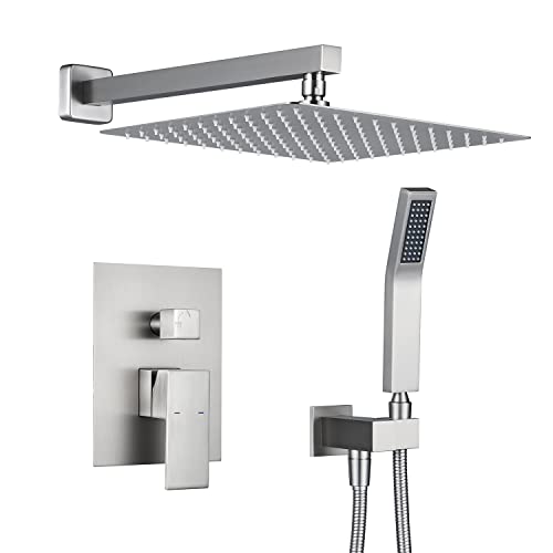 Image of Rain Shower System 12 Inches Shower Combo Set Brushed Nickel Wall Mount Faucet Bathroom Faucets with Rainfall Shower Head and Hand Shower