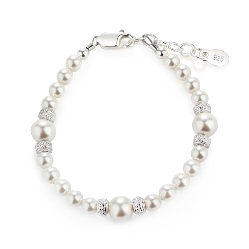 Cherished Moments Children's or Baby Sterling Silver Flower Girl Bracelet with High-End Simulated Austrian Pearls for Girls