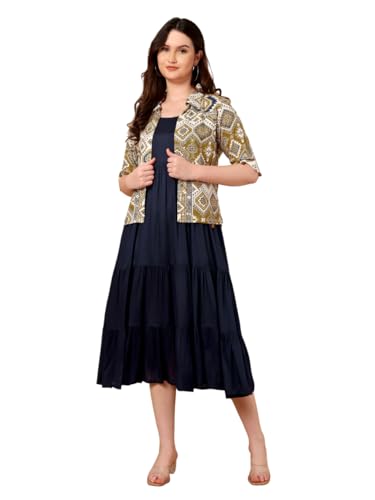 Image of Azira Women Rayon Solid Fit & Flared Dress with Printed Jacket | Perfect for Casual outings, Parties Rayon Fabric|